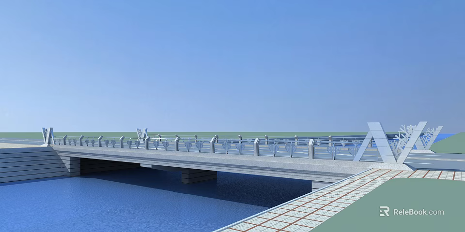 Modern Bridge Over Blue Water With White Railings And Tiled Walkway 3d model 