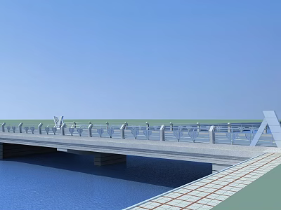 Modern Bridge Over Blue Water With White Railings And Tiled Walkway 3d model