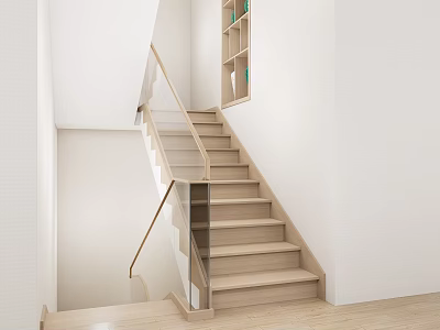Modern Interior Staircase With Wooden Steps Glass Railing And Wall Shelves On White Wall 3d model