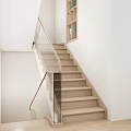 Modern Interior Staircase With Wooden Steps Glass Railing And Wall Shelves On White Wall