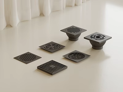 Contemporary Bathroom Floor Drains Featuring Different Square Designs And Grid Patterns 3d model