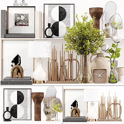 Modern Home Decorative Ornaments Set With Green Plants Vases Clock And Sculptures 3d model