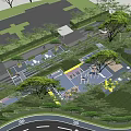 Garden Landscape Design With Lush Trees Yellow Seating And Paved Recreation Area