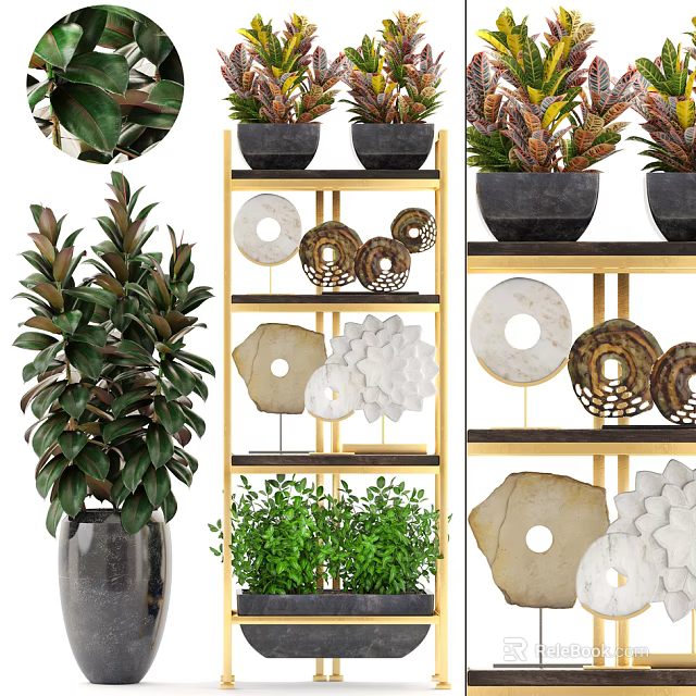 Bonsai Potted Plants Arranged On Golden Shelves With Green Foliage And Decorative Ornaments 3d model 