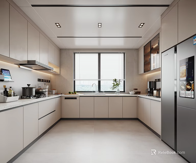 Modern Kitchen Interior With White Cabinets Window And Stainless Steel Appliances 3d model 