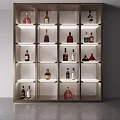 Modern Wine Cabinet With Wooden Frame Multiple White Shelves And LED Lighting Displaying Various Bottles