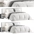 Minimalist Double Bed With White Bedding Gray Striped Blanket And Upholstered Headboard
