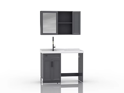 Gray Bathroom Vanity With Mirror Open Shelves Cabinet Doors And Countertop 3d model