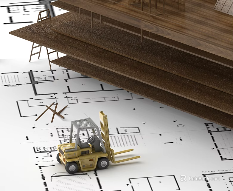 Detailed Construction Site Model Featuring Forklift Wooden Planks Ladder And Blueprints 3d model 