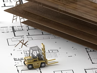 Detailed Construction Site Model Featuring Forklift Wooden Planks Ladder And Blueprints 3d model