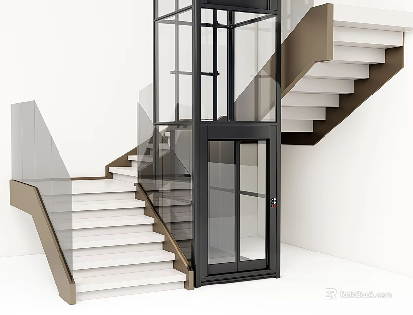 Modern Staircase with Glass Railing White Steps and Black Elevator in Contemporary Interior 3d model 