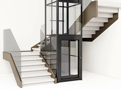 Modern Staircase with Glass Railing White Steps and Black Elevator in Contemporary Interior 3d model