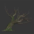 Wood and Stone Textured Dead Tree Trunk with Green Mossy Roots and Dry Branches 3d model