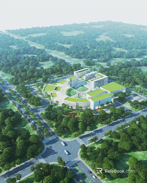 Aerial View Planning Of Modern Green Roof Buildings With Circular Layout Trees And Road Networks 3d model 