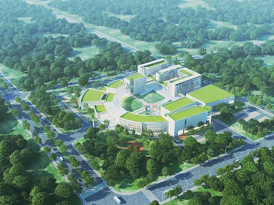 Aerial View Planning Of Modern Green Roof Buildings With Circular Layout Trees And Road Networks 3d model