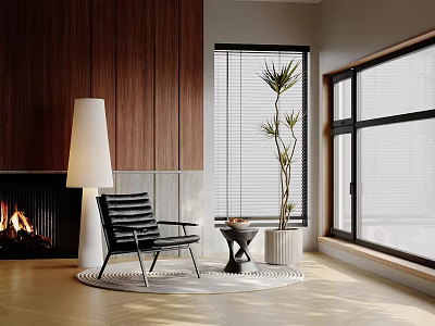 Modern Living Room Decorative Ornament Combination With Floor Lamp Striped Chair Plant Fireplace And Windows 3d model
