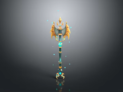 Ornate Golden Scepter With Blue Gemstones Glowing Dots And Reflective Surface 3d model