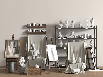 Creative Art Supplies And Musical Instruments Setup With Plaster Statues Easels Drawing Tools And Sculptures 3d model