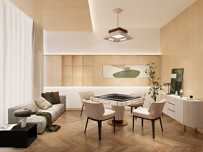 Modern Hotel Mahjong Room Interior With Wooden Walls Sofa Decorative Painting And Herringbone Floor 3d model
