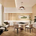 Modern Hotel Mahjong Room Interior With Wooden Walls Sofa Decorative Painting And Herringbone Floor