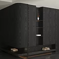 Modern Curved Dark Wood Decor Cabinet With Built In Warm Ambient Lighting And Open Shelves