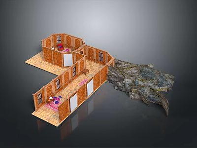 Stuffed Animal On Bed In Wooden Two Story House With Rocky Landscape And Furniture 3d model