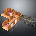 Stuffed Animal On Bed In Wooden Two Story House With Rocky Landscape And Furniture