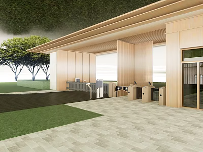 Modern Building Exterior With Wooden Landscape Wall Stone Pavement And Greenery Trees 3d model