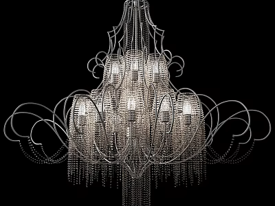 Elegant Ornate Chandelier With Curved Metal Frame Multiple Bulbs And Hanging Tassels 3d model