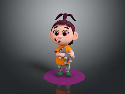 Cartoon Girl With Pigtails Holding Gray Cat On Purple Base In Gray Background 3d model