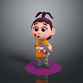 Cartoon Girl With Pigtails Holding Gray Cat On Purple Base In Gray Background