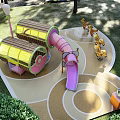 Colorful Kids Play Area With Slide Carousel Horses And Circular Design On Green Lawn