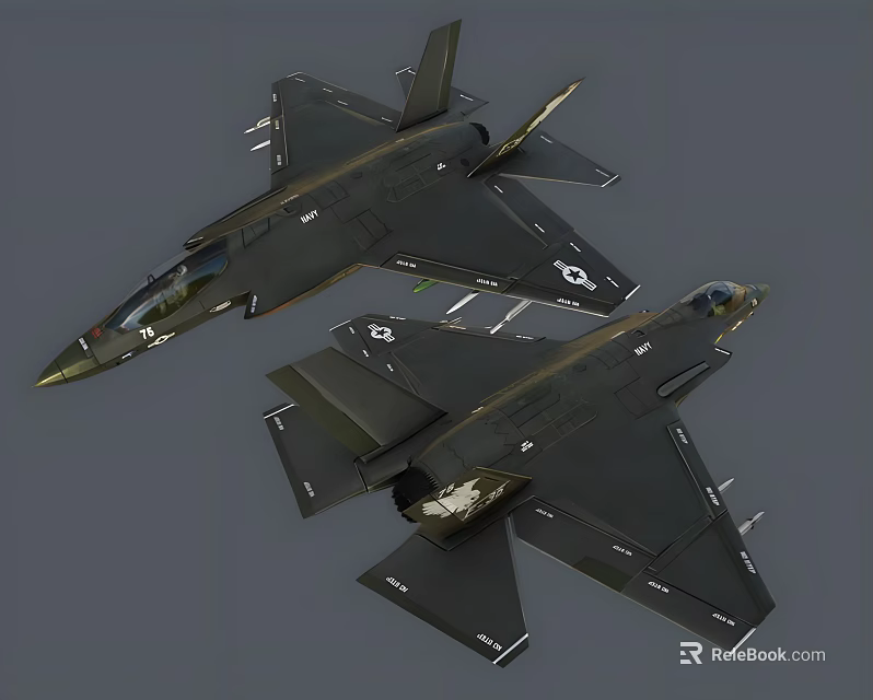 Two Dark Green Fighter Jets 3D Model With Detailed Design And Side View 3d model