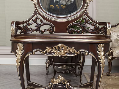 Ornate Dark Wood Dressing Table With Intricate Gold Carvings And Round Mirror 3d model