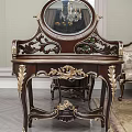 Ornate Dark Wood Dressing Table With Intricate Gold Carvings And Round Mirror