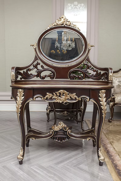 Ornate Dark Wood Dressing Table With Intricate Gold Carvings And Round Mirror 3d model