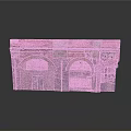 Vintage Building Facade Model With Red Wall Arched Windows And Blue Door