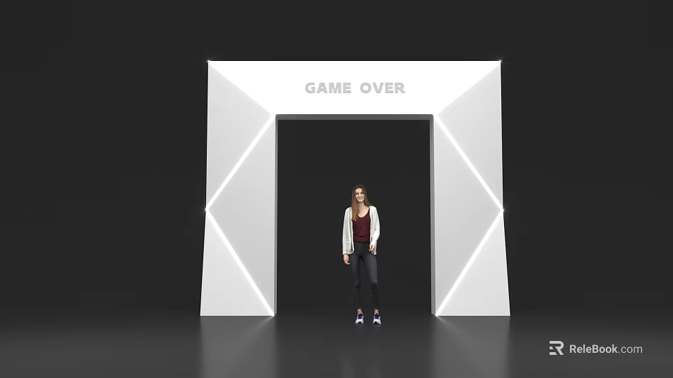 Modern Illuminated Archway Featuring GAME OVER Text And Person Standing Underneath Design 3d model 