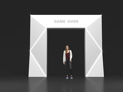 Modern Illuminated Archway Featuring GAME OVER Text And Person Standing Underneath Design 3d model