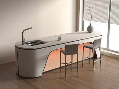 Modern Bar With White Countertop Sink Faucet Two Bar Stools Window Light Walls Wooden Floor 3d model