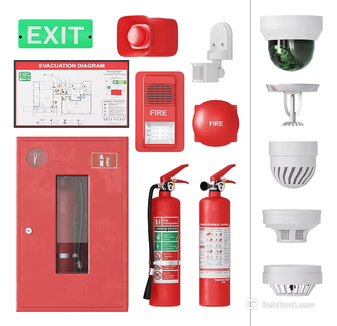 Comprehensive Fire Safety Equipment With Exit Sign Fire Alarm Extinguisher Smoke Detector And Evacuation Diagram 3d model 