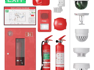 Comprehensive Fire Safety Equipment With Exit Sign Fire Alarm Extinguisher Smoke Detector And Evacuation Diagram 3d model