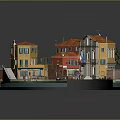 Cartoon Scene of Colorful Canal Town with Orange Roofs Balconies and Small Boats