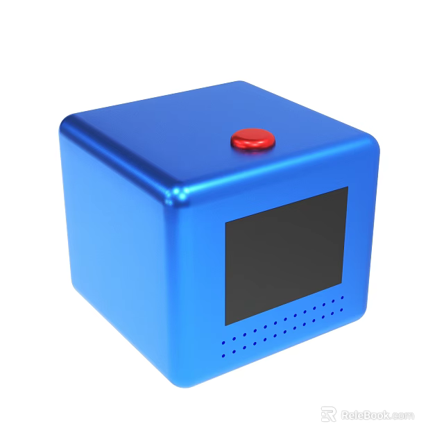 Blue Cube Shaped Device With Red Button Black Screen And Bottom Holes 3d model 