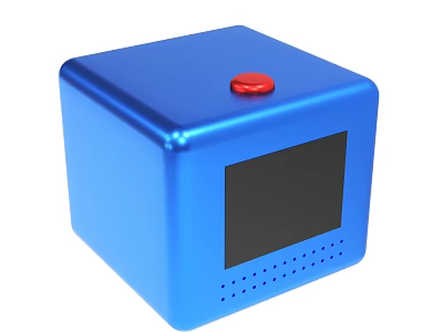 Blue Cube Shaped Device With Red Button Black Screen And Bottom Holes 3d model