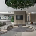 Modern Leisure Area Interior Design With Curved Sofa Green Plants And Wall TV