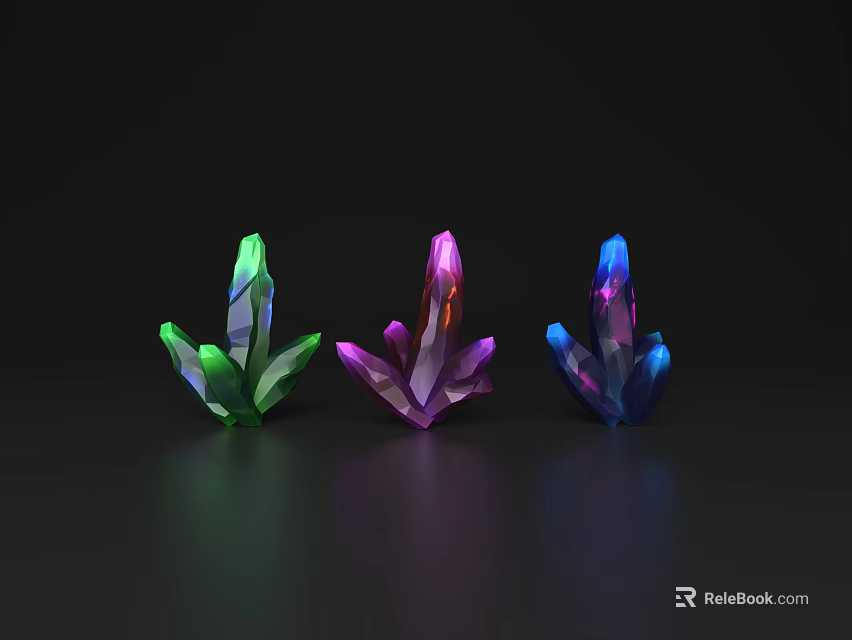 Colorful Crystal Shaped Jewelry in Green Purple Blue with Shiny Luster on Black Background 3d model 