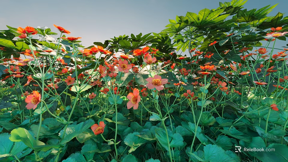 Vibrant Red Flowering Shrubs with Lush Green Leaves in Garden Landscape 3d model 