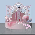 Traditional Style Floral Art Display With Pink Flowers Fans And Arched Platform