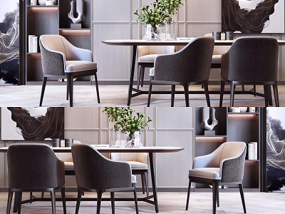 Modern Round Dining Set With Upholstered Gray Chairs Greenery And Decorative Wall Art 3d model